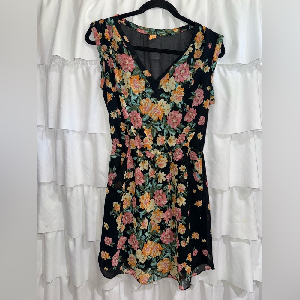 Farm Rio by Anthropologie- Floral V-Neck Black Dress with Pink & Yellow Blooms